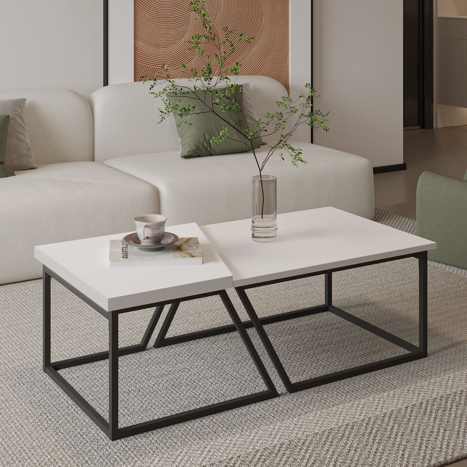 Set măsuțe cafea Hanah Home, PAL melaminat, 120 x 60 x 38.8 cm, alb, 382NRC1551 — imaginea 3