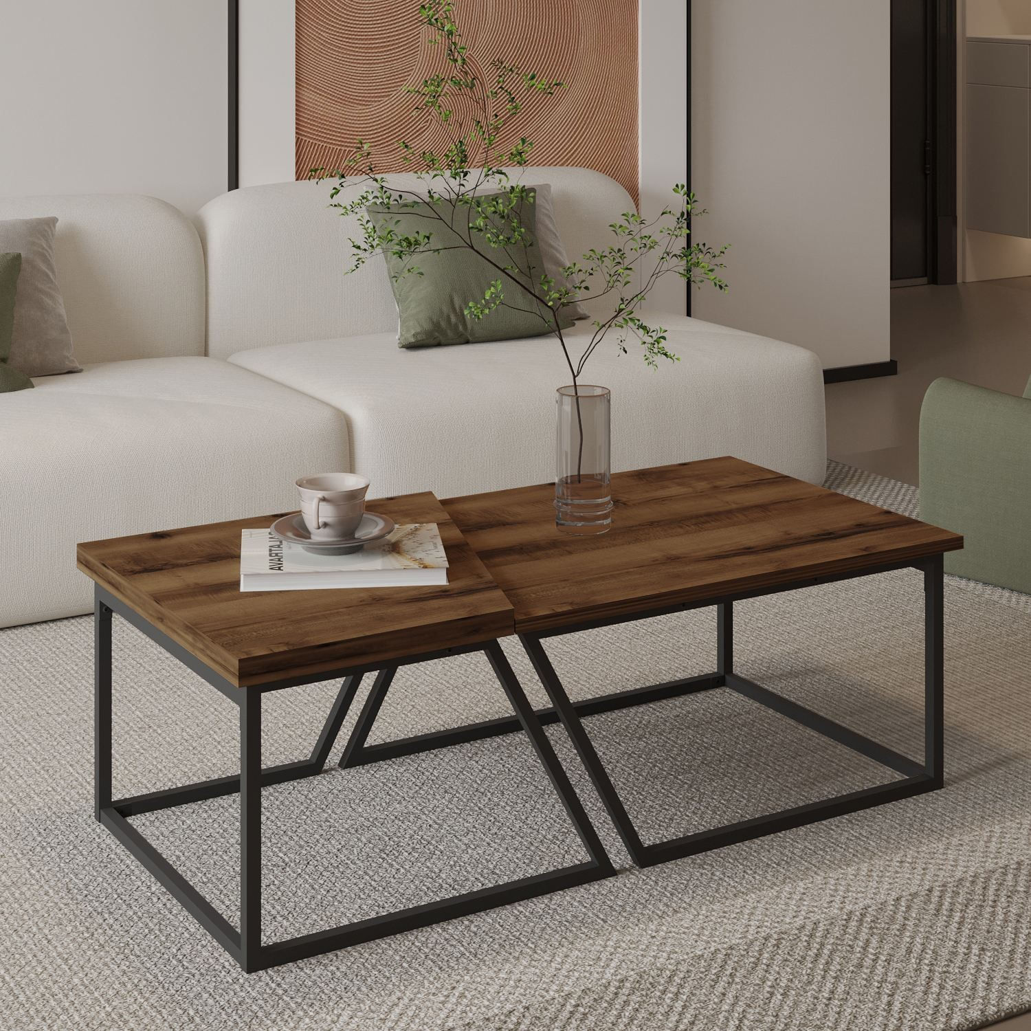 Set măsuțe cafea Hanah Home, PAL melaminat, 120 x 60 x 38.8 cm, rustic nuc, 382NRC1553 — imaginea 4