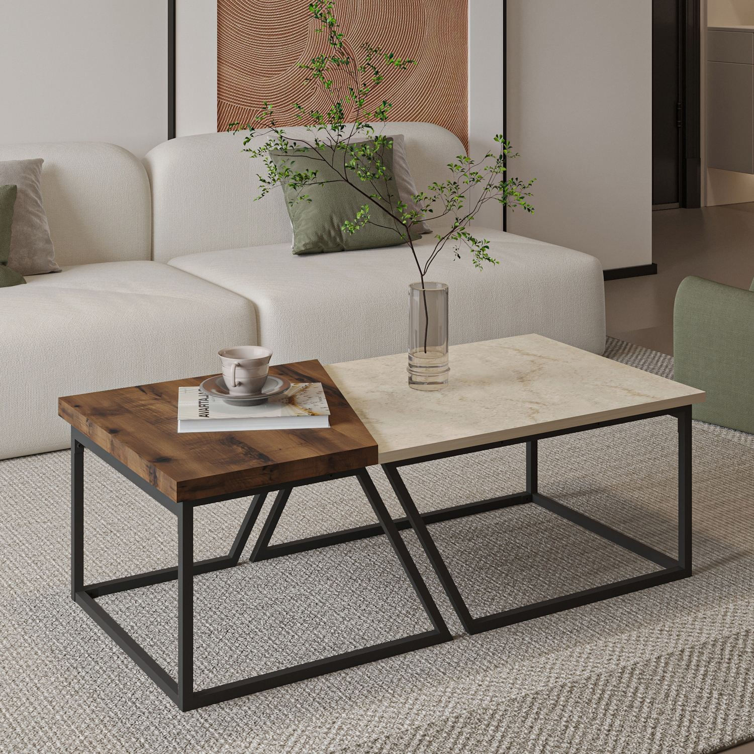 Set măsuțe cafea Hanah Home, PAL melaminat, 120 x 60 x 38.8 cm, travertine/rustic nuc, 382NRC1552 — imaginea 2