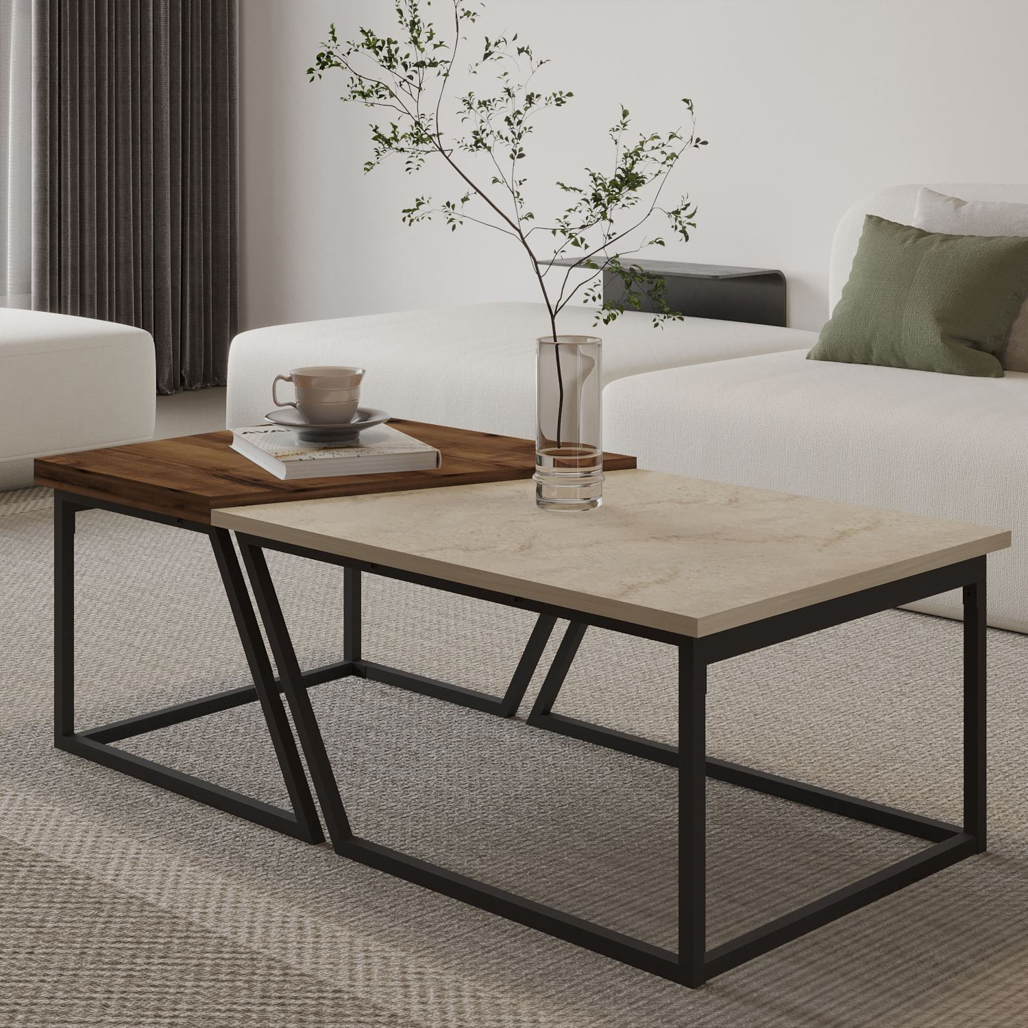 Set măsuțe cafea Hanah Home, PAL melaminat, 120 x 60 x 38.8 cm, travertine/rustic nuc, 382NRC1552 — imaginea 3