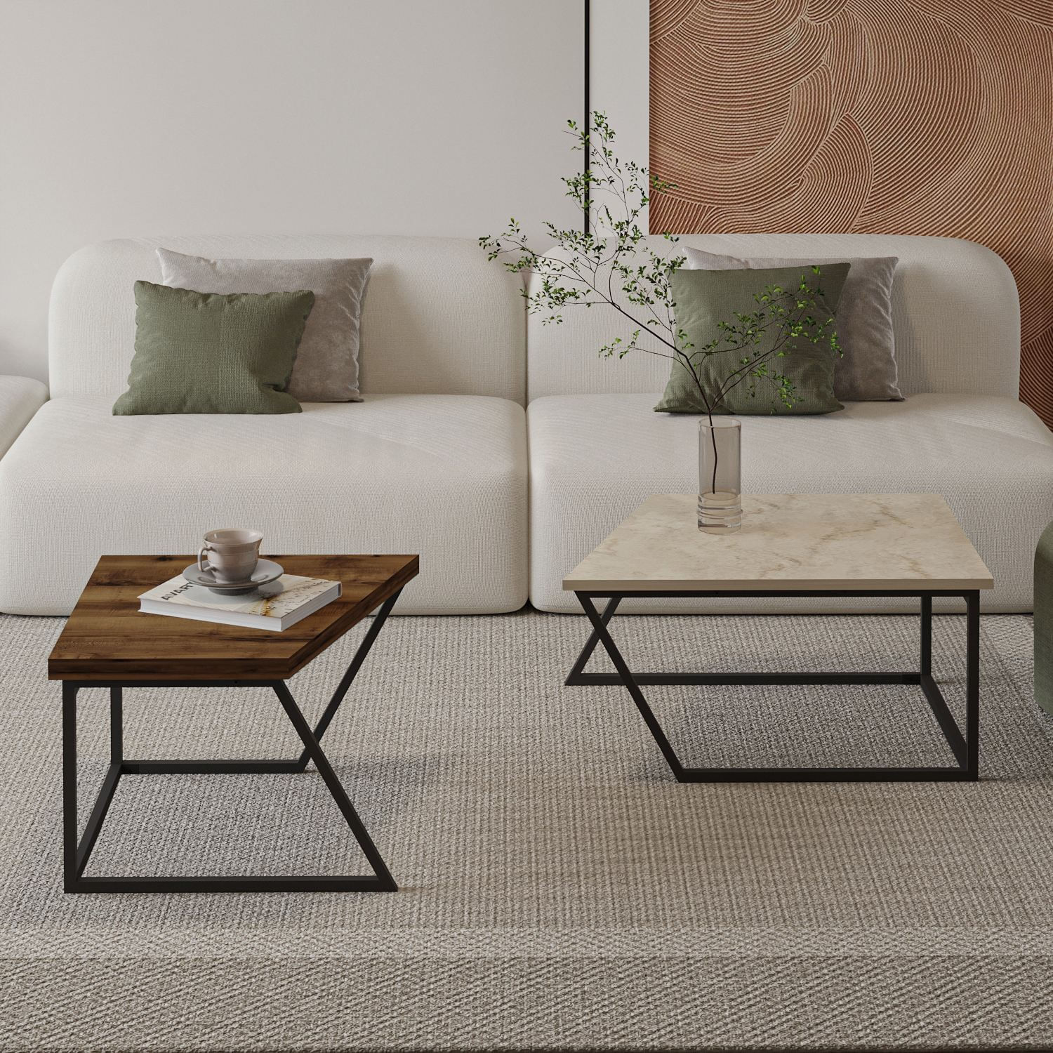 Set măsuțe cafea Hanah Home, PAL melaminat, 120 x 60 x 38.8 cm, travertine/rustic nuc, 382NRC1552 — imaginea 5