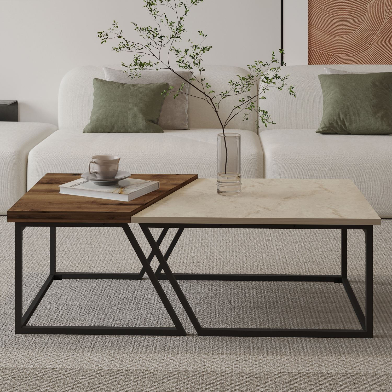 Set măsuțe cafea Hanah Home, PAL melaminat, 120 x 60 x 38.8 cm, travertine/rustic nuc, 382NRC1552 — imaginea 6