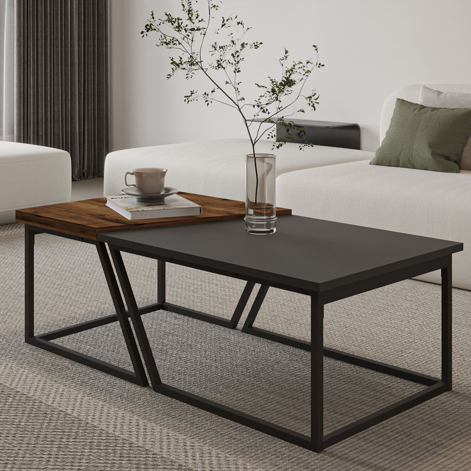 Set măsuțe cafea Hanah Home, PAL melaminat, 120 x 60 x 38.8 cm, antracit/rustic nuc, 382NRC1554 — imaginea 4