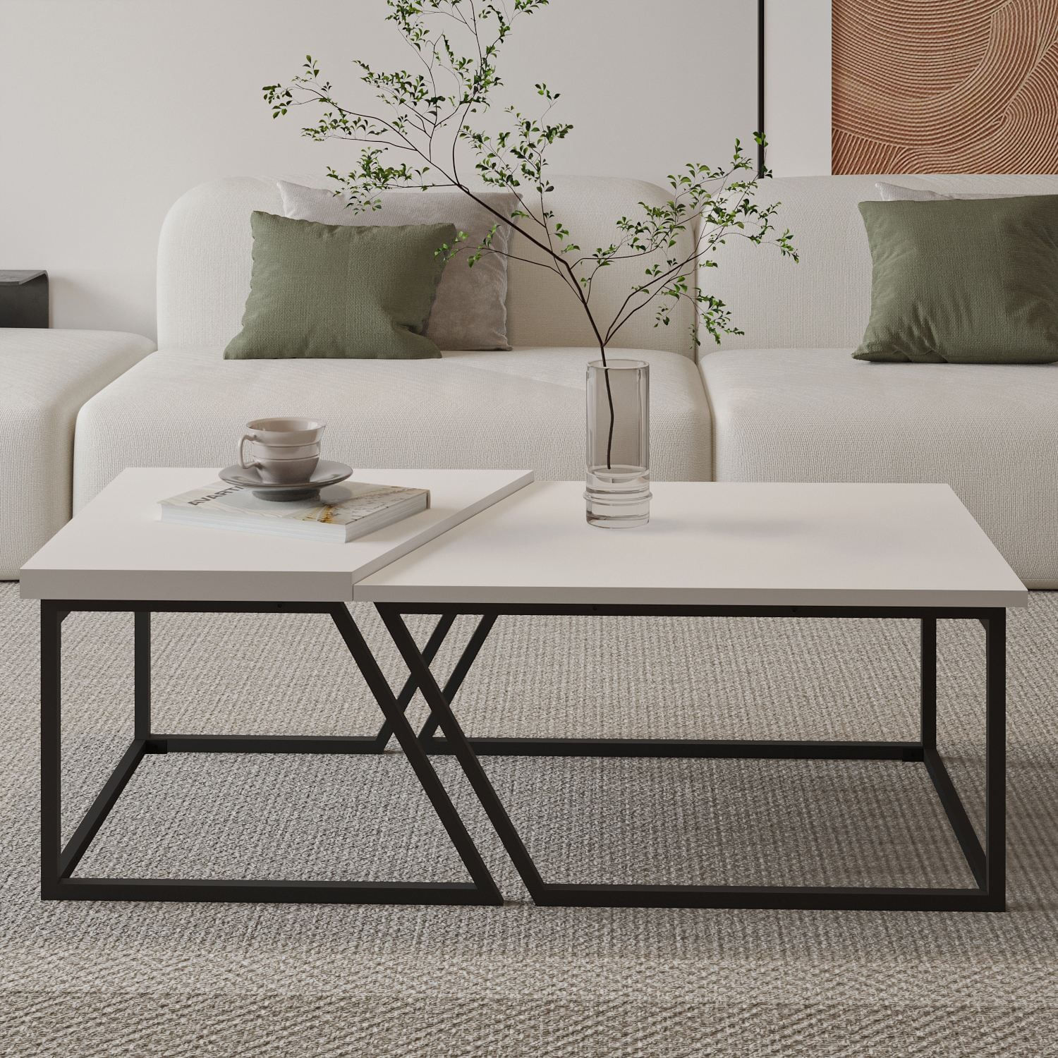 Set măsuțe cafea Hanah Home, PAL melaminat, 120 x 60 x 38.8 cm, alb, 382NRC1551 — imaginea 6