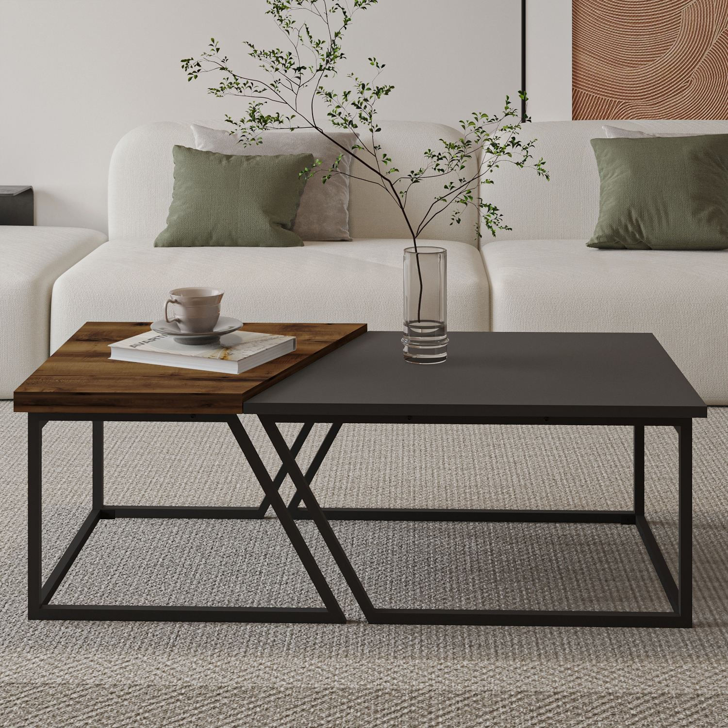 Set măsuțe cafea Hanah Home, PAL melaminat, 120 x 60 x 38.8 cm, antracit/rustic nuc, 382NRC1554 — imaginea 5