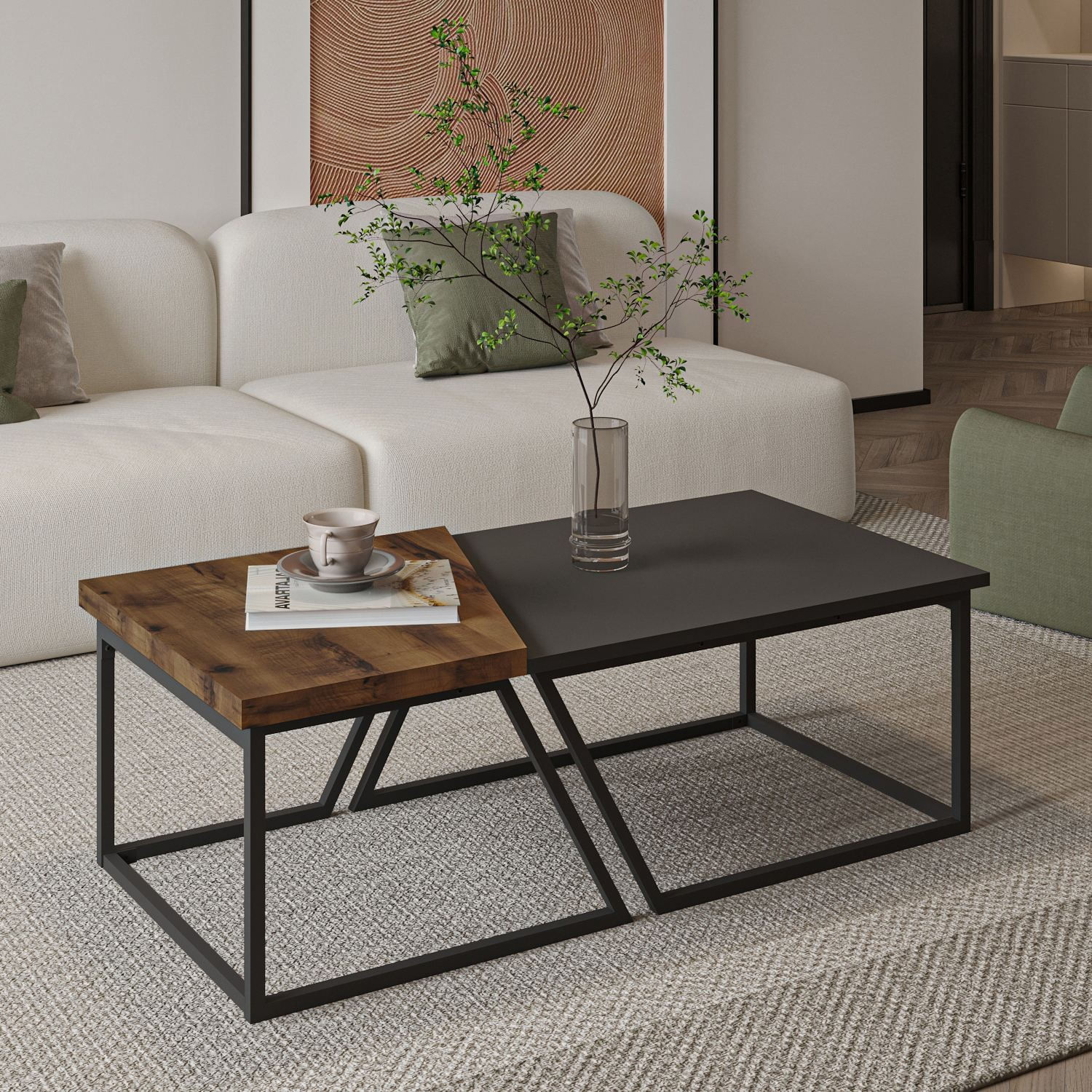 Set măsuțe cafea Hanah Home, PAL melaminat, 120 x 60 x 38.8 cm, antracit/rustic nuc, 382NRC1554 — imaginea 6