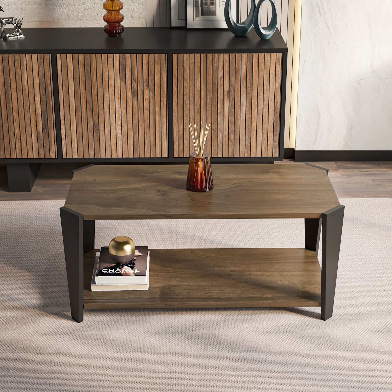 Măsuță cafea Hanah Home, PAL melaminat, 91 x 47.5 x 40 cm, nuc/negru, 875ZNA2817 — imaginea 4