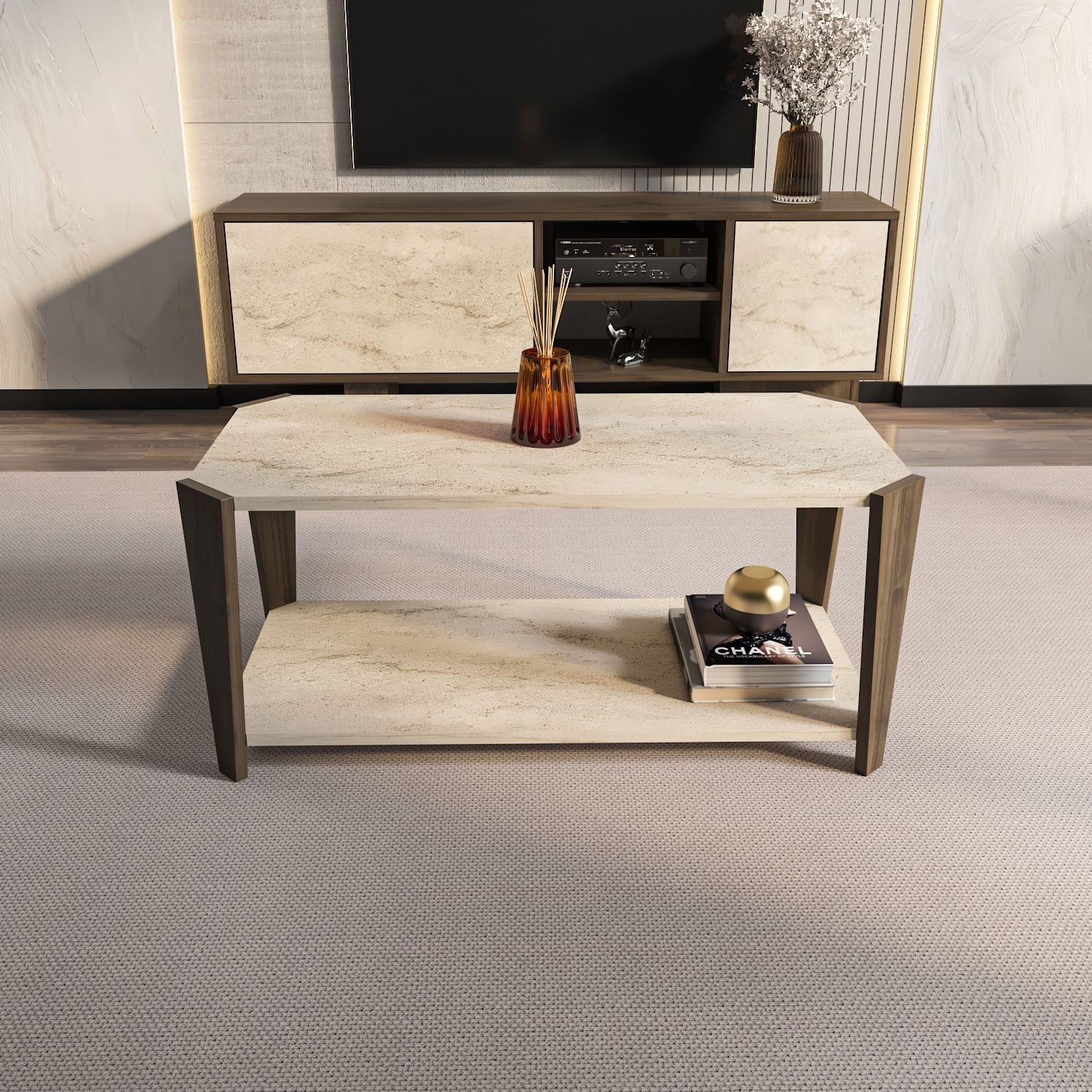 Măsuță cafea Hanah Home, PAL melaminat, 91 x 47.5 x 40 cm, nuc/travertine, 875ZNA2818 — imaginea 2