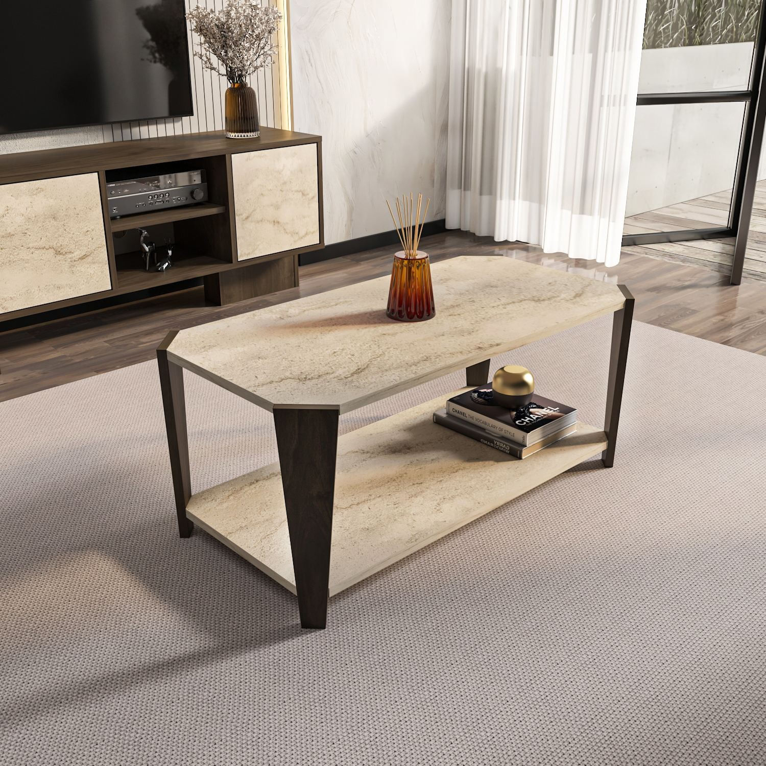Măsuță cafea Hanah Home, PAL melaminat, 91 x 47.5 x 40 cm, nuc/travertine, 875ZNA2818 — imaginea 3