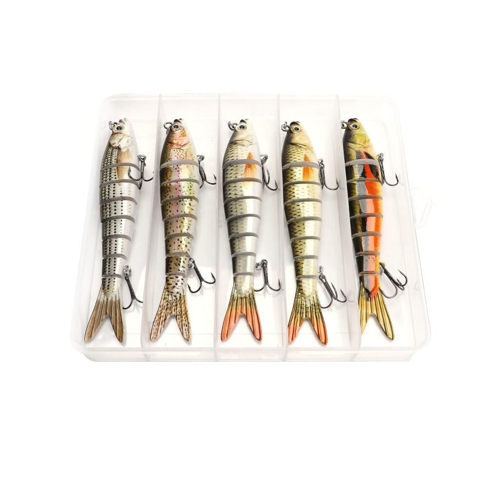 Set 5 voblere swimbait multi segment 14cm 23g, miscare realista, stiuca salau somn, cutie inclusa