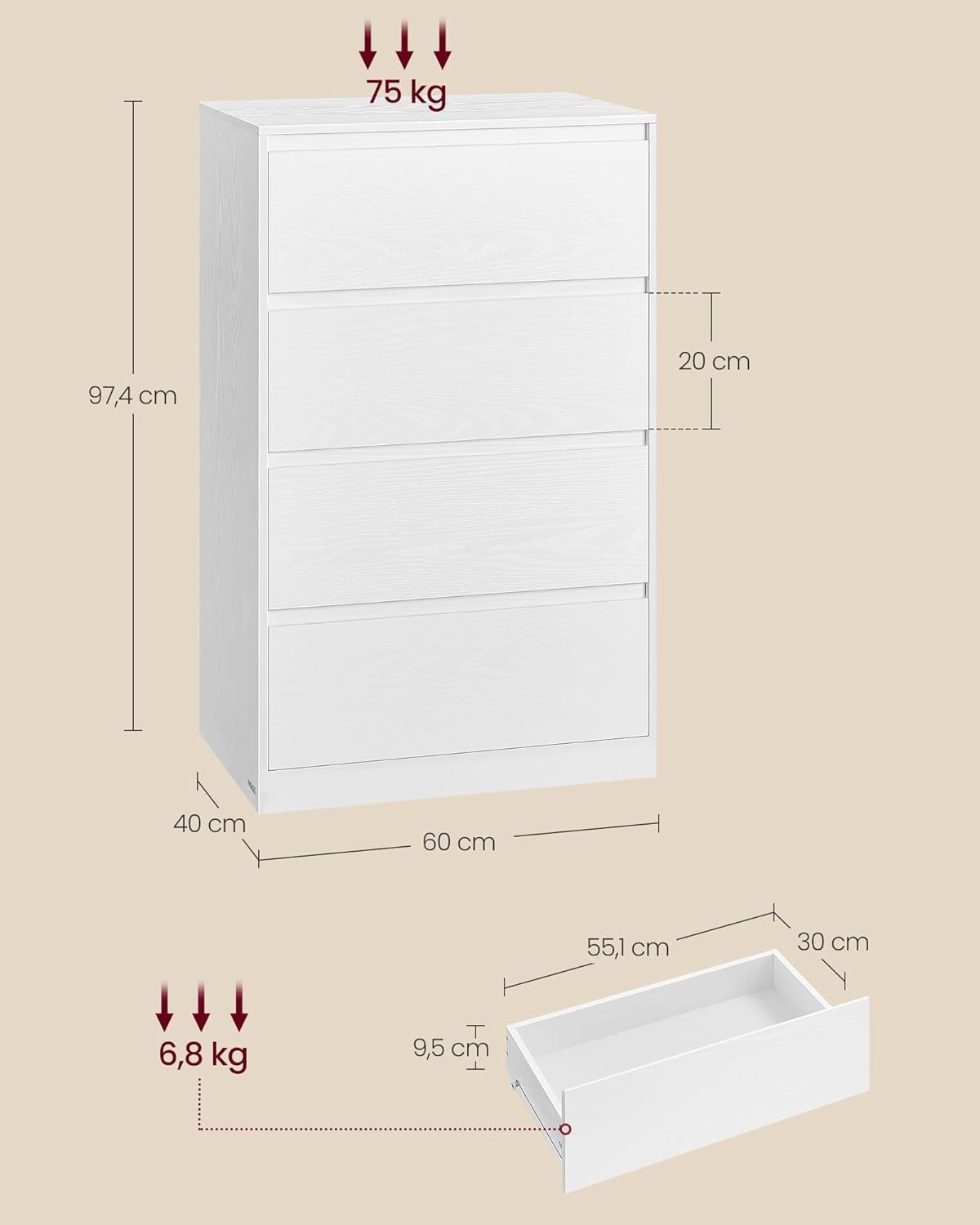 Comoda cu 4 sertare, design modern minimalist, PAL si MDF, 60x40x97 cm, alb