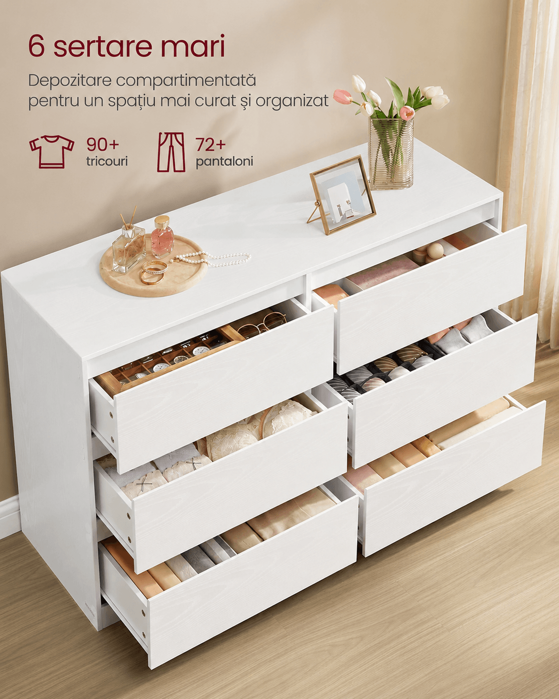 Comoda cu 6 sertare, design modern minimalist, PAL si MDF, 119x40x75 cm, alb — imaginea 5