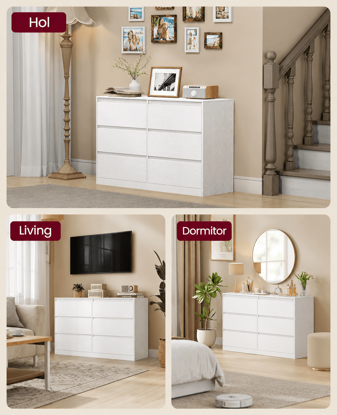 Comoda cu 6 sertare, design modern minimalist, PAL si MDF, 119x40x75 cm, alb — imaginea 7