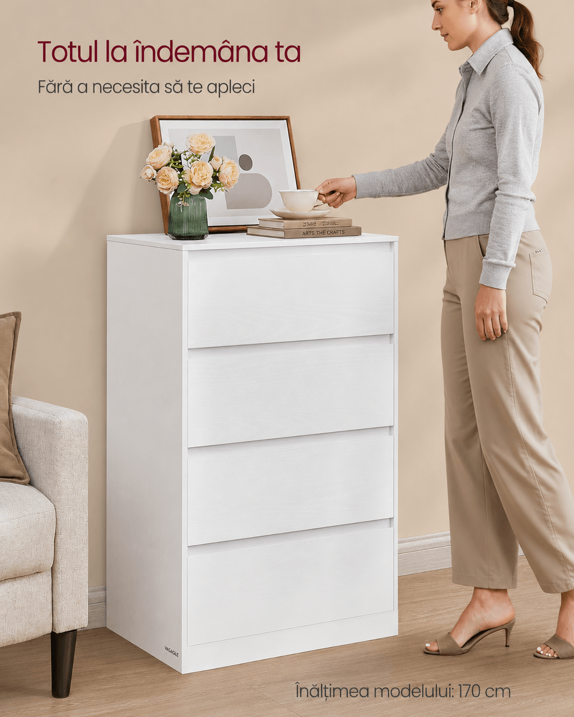 Comoda cu 4 sertare, design modern minimalist, PAL si MDF, 60x40x97 cm, alb — imaginea 4