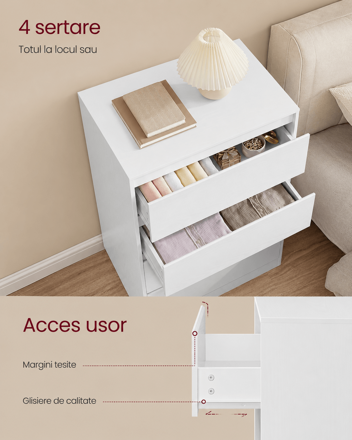 Comoda cu 4 sertare, design modern minimalist, PAL si MDF, 60x40x97 cm, alb — imaginea 5