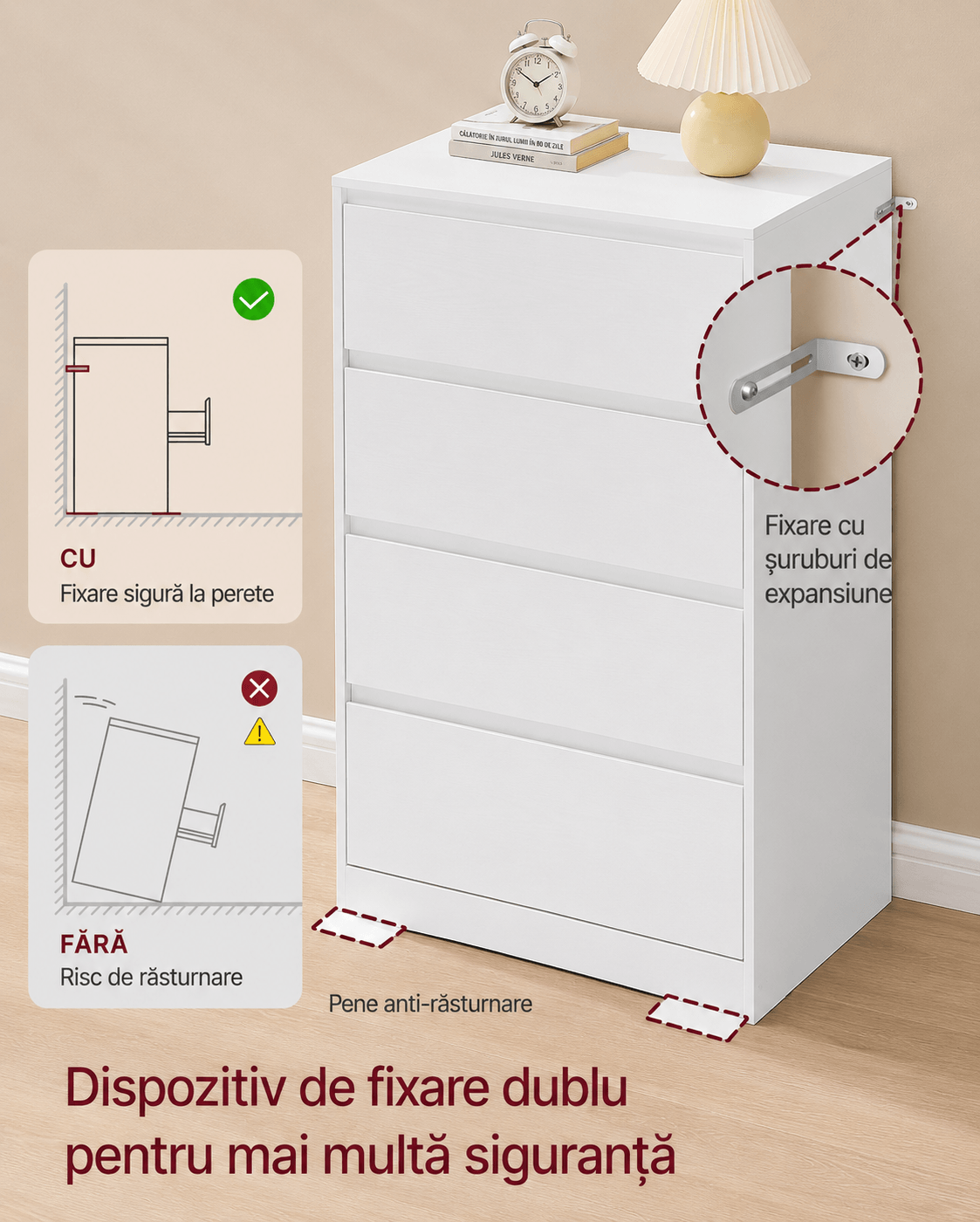 Comoda cu 4 sertare, design modern minimalist, PAL si MDF, 60x40x97 cm, alb — imaginea 6