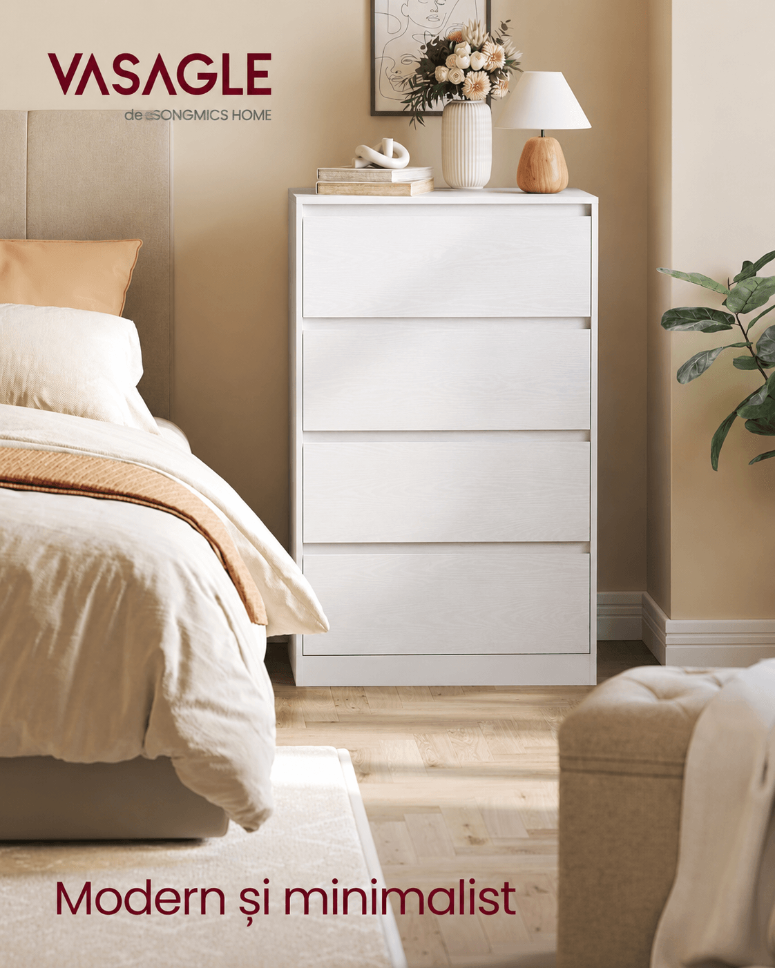 Comoda cu 4 sertare, design modern minimalist, PAL si MDF, 60x40x97 cm, alb — imaginea 7