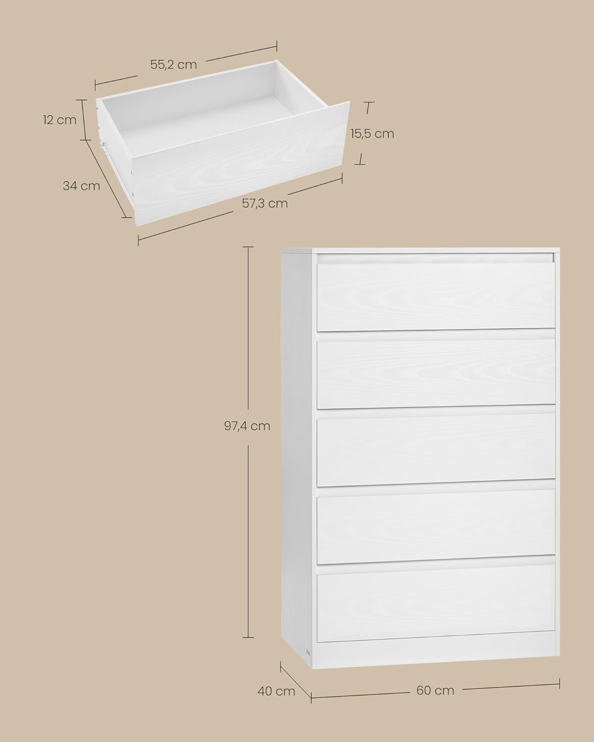 Comoda cu 5 sertare, design modern minimalist, PAL si MDF, 60x40x97 cm, alb — imaginea 3