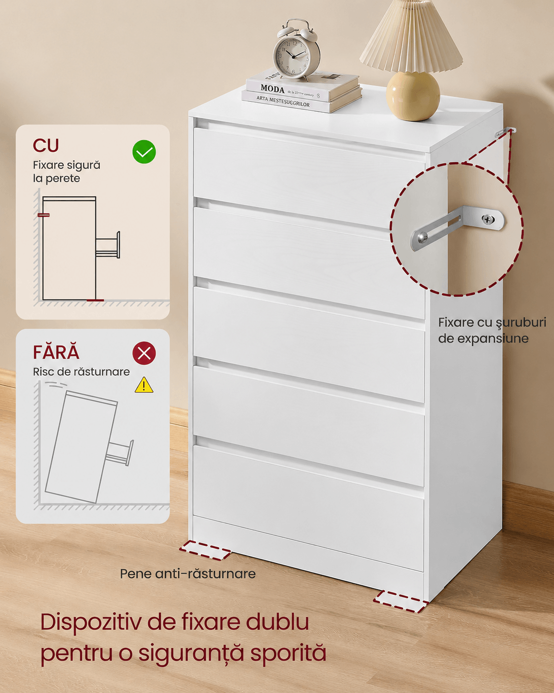 Comoda cu 5 sertare, design modern minimalist, PAL si MDF, 60x40x97 cm, alb — imaginea 5