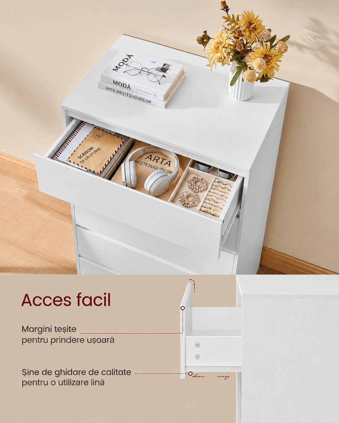 Comoda cu 5 sertare, design modern minimalist, PAL si MDF, 60x40x97 cm, alb — imaginea 6