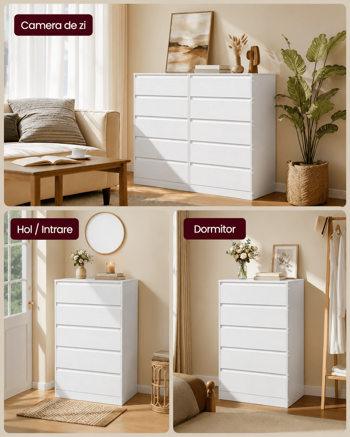 Comoda cu 5 sertare, design modern minimalist, PAL si MDF, 60x40x97 cm, alb — imaginea 7
