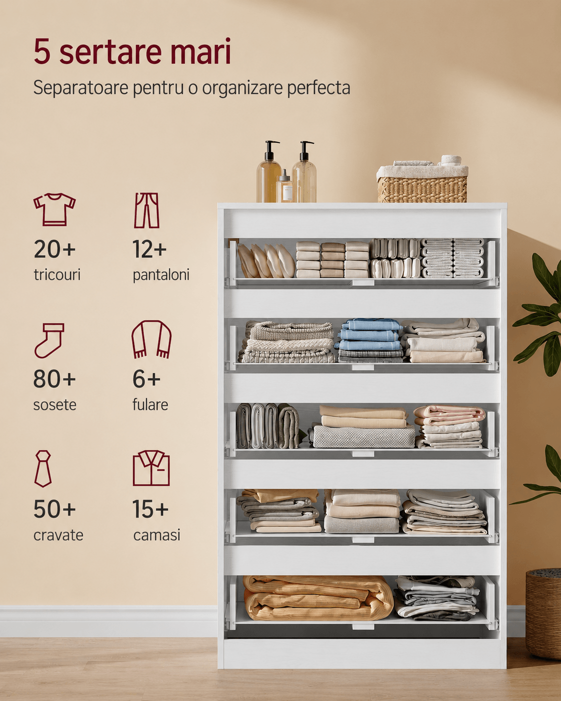 Comoda cu 5 sertare, design modern minimalist, PAL si MDF, 60x40x97 cm, alb — imaginea 8