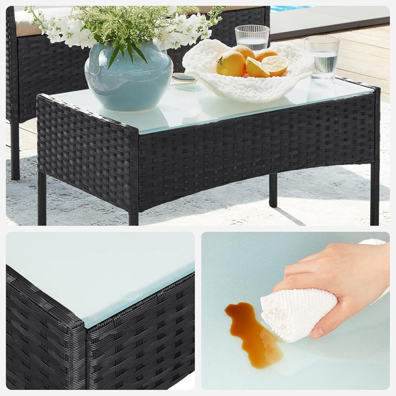 Set mobilier gradina 4 locuri, canapea, 2 scaune si masa cu sticla, ratan PE, negru