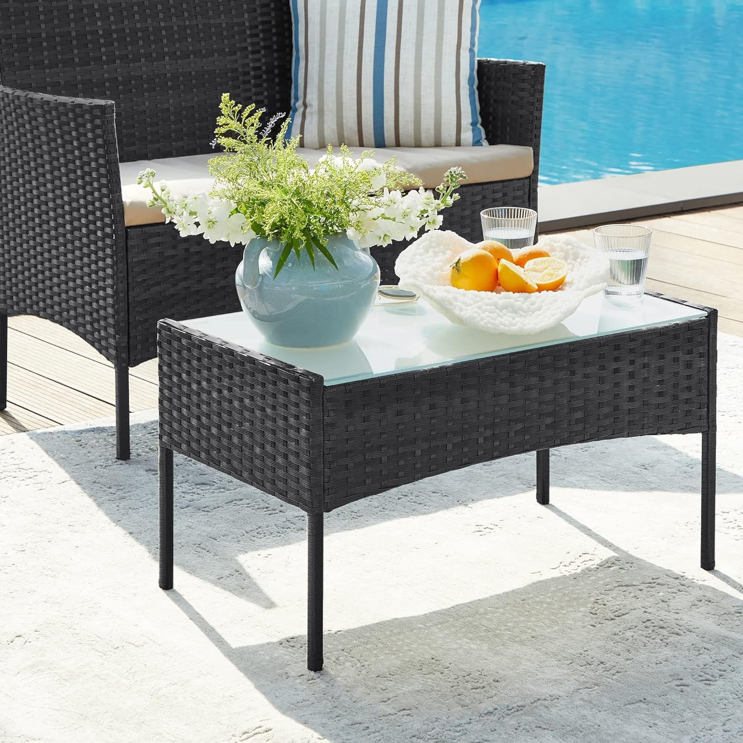 Set mobilier gradina 4 locuri, canapea, 2 scaune si masa cu sticla, ratan PE, negru — imaginea 2