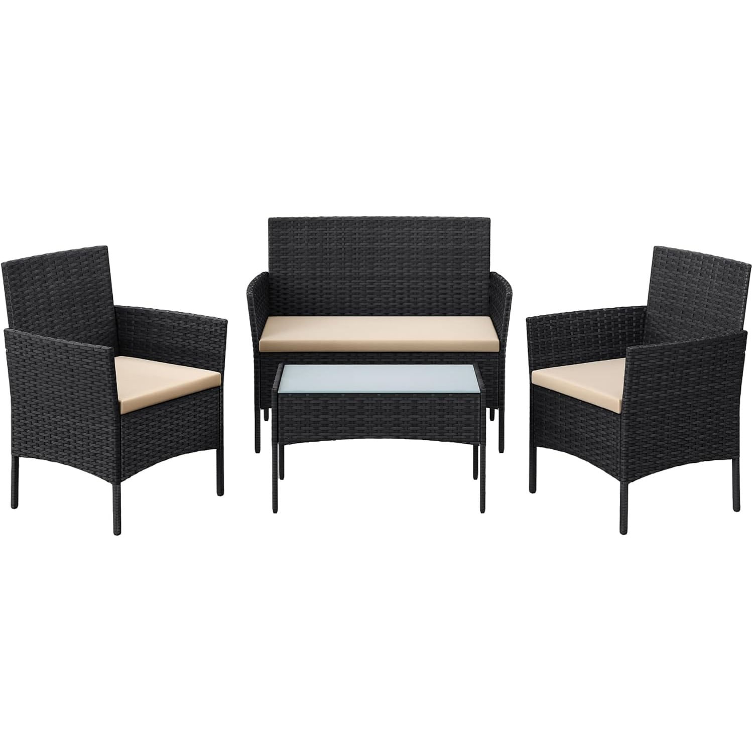 Set mobilier gradina 4 locuri, canapea, 2 scaune si masa cu sticla, ratan PE, negru — imaginea 3