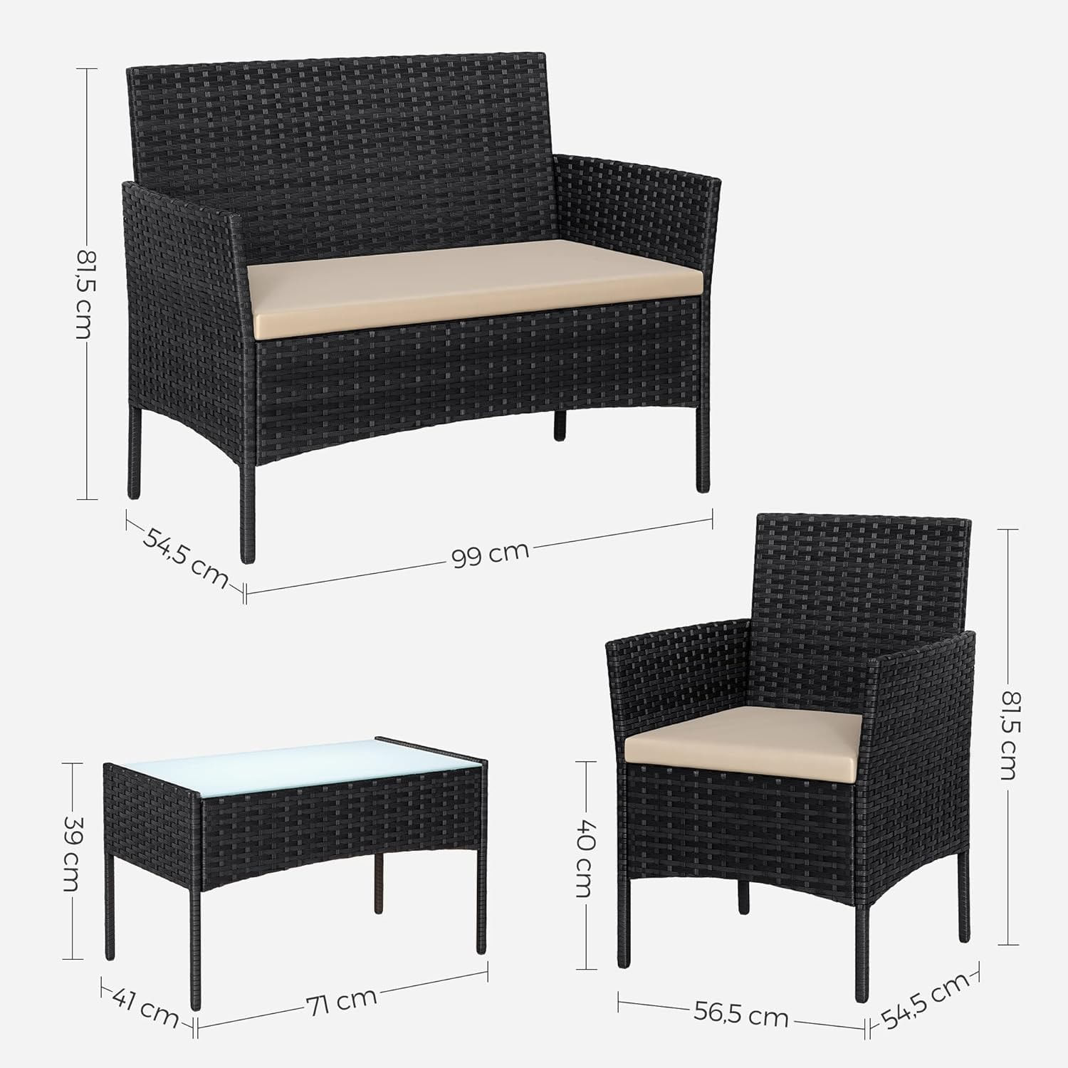Set mobilier gradina 4 locuri, canapea, 2 scaune si masa cu sticla, ratan PE, negru — imaginea 4