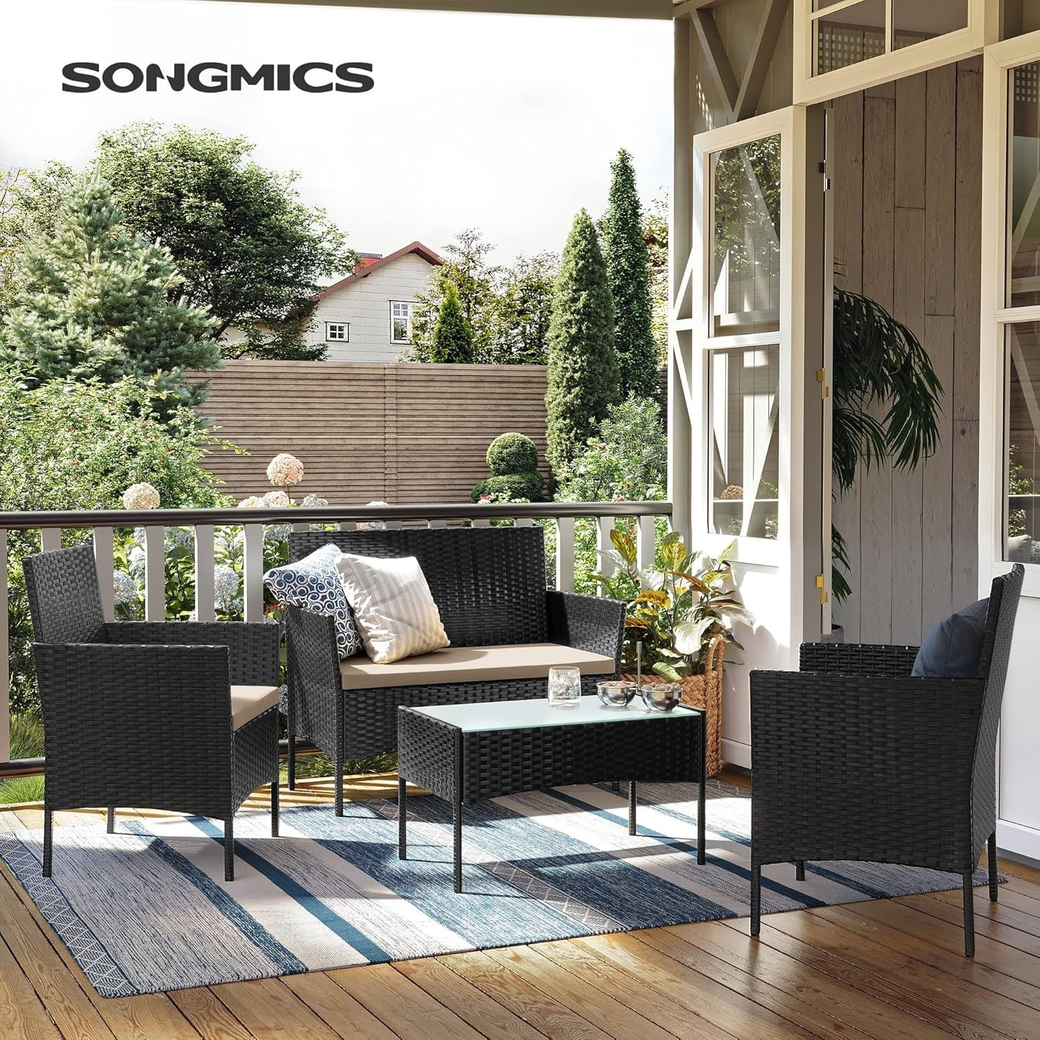Set mobilier gradina 4 locuri, canapea, 2 scaune si masa cu sticla, ratan PE, negru — imaginea 6
