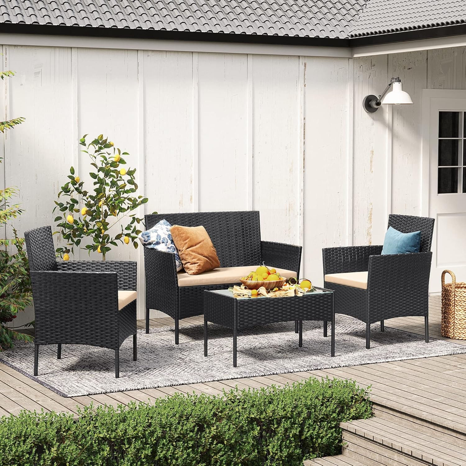 Set mobilier gradina 4 locuri, canapea, 2 scaune si masa cu sticla, ratan PE, negru — imaginea 7