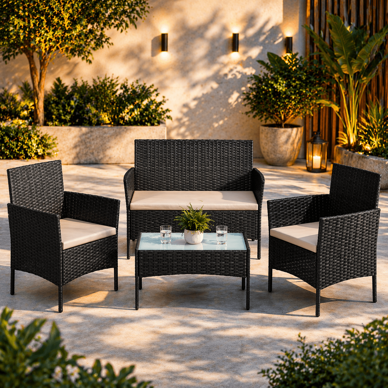 Set mobilier gradina 4 locuri, canapea, 2 scaune si masa cu sticla, ratan PE, negru — imaginea 8