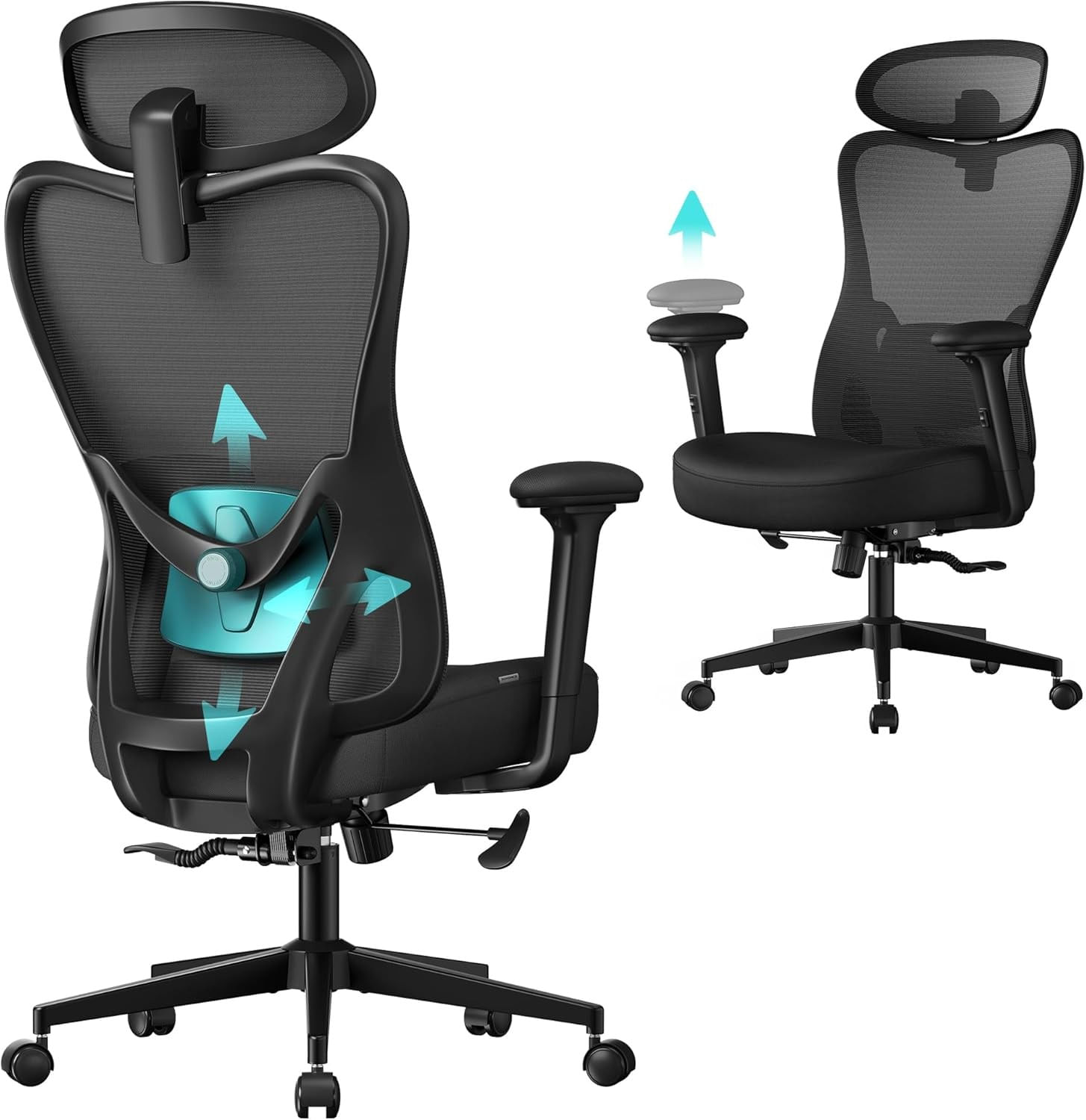 Scaun de birou ergonomic cu tetiera reglabila, suport lombar ajustabil, maxim 150 kg, 70x70x113-130 cm, negru — imaginea 2