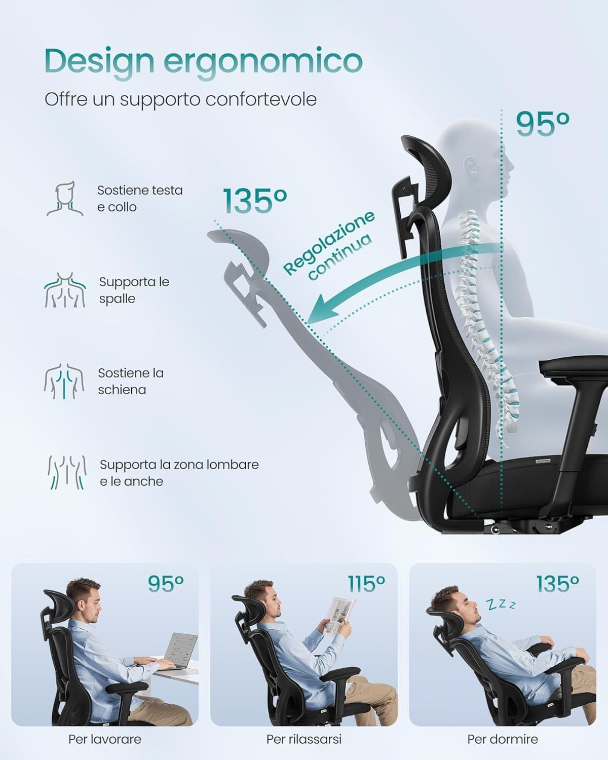 Scaun de birou ergonomic cu tetiera reglabila, suport lombar ajustabil, maxim 150 kg, 70x70x113-130 cm, negru — imaginea 3