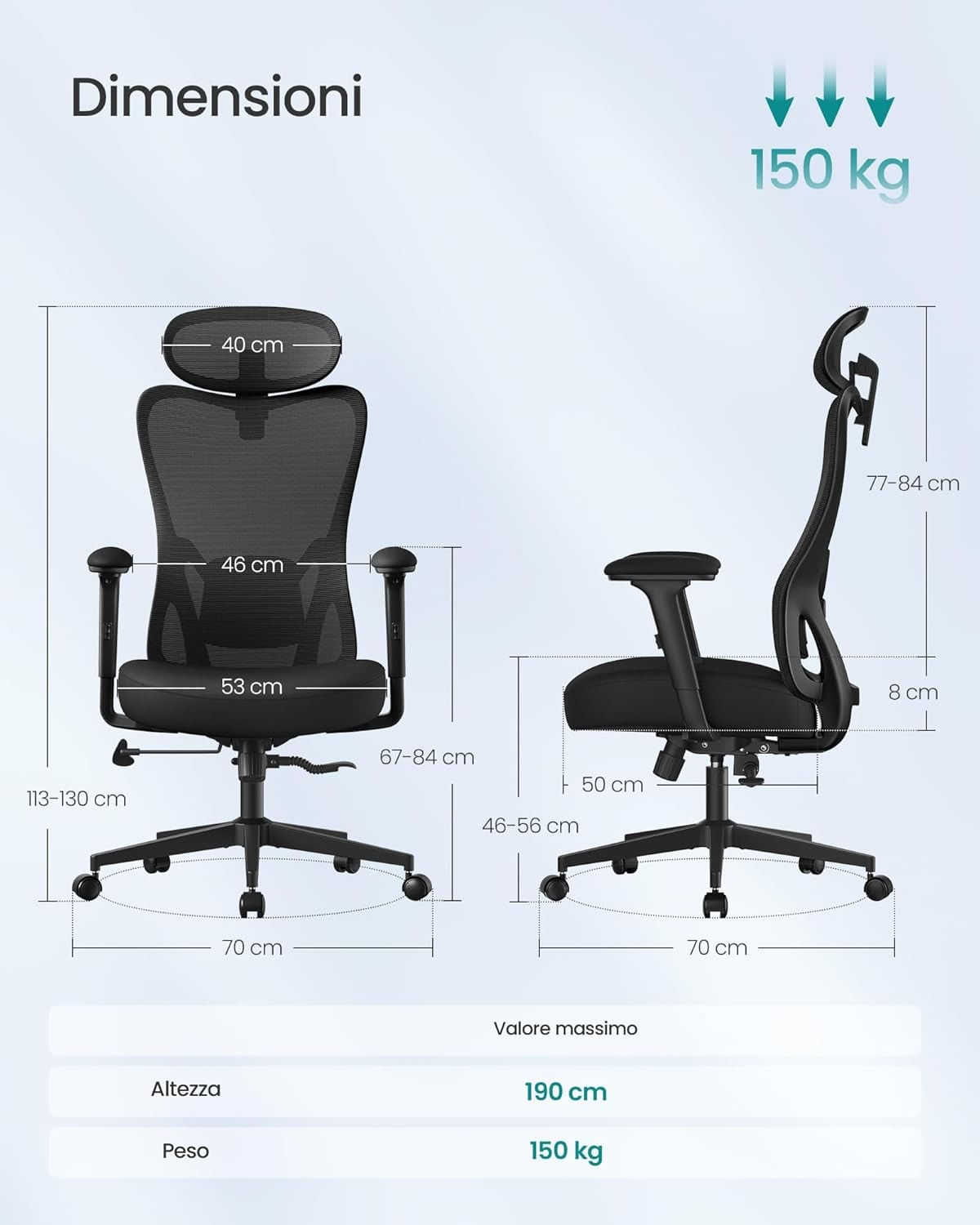 Scaun de birou ergonomic cu tetiera reglabila, suport lombar ajustabil, maxim 150 kg, 70x70x113-130 cm, negru — imaginea 4