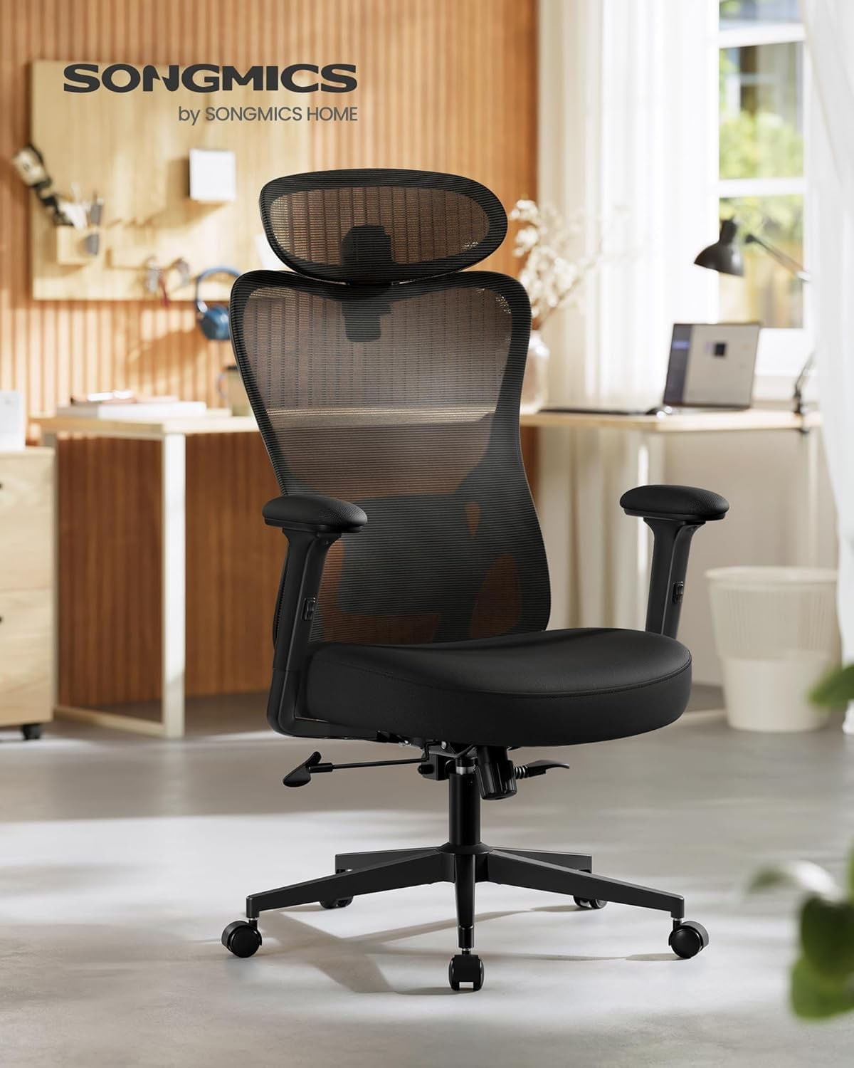 Scaun de birou ergonomic cu tetiera reglabila, suport lombar ajustabil, maxim 150 kg, 70x70x113-130 cm, negru — imaginea 5
