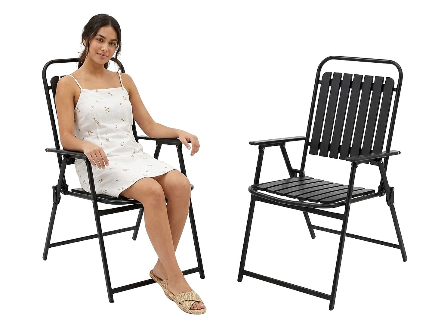Scaun gradina pliabil cu cadru metalic si sezut PP, maxim 110 kg, 63x55x90 cm, negru — imaginea 10
