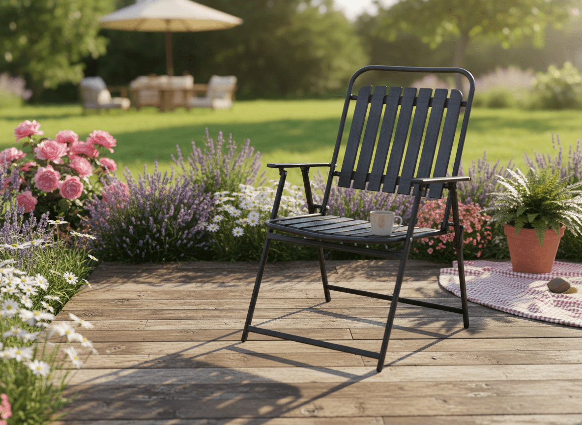 Scaun gradina pliabil cu cadru metalic si sezut PP, maxim 110 kg, 63x55x90 cm, negru — imaginea 15