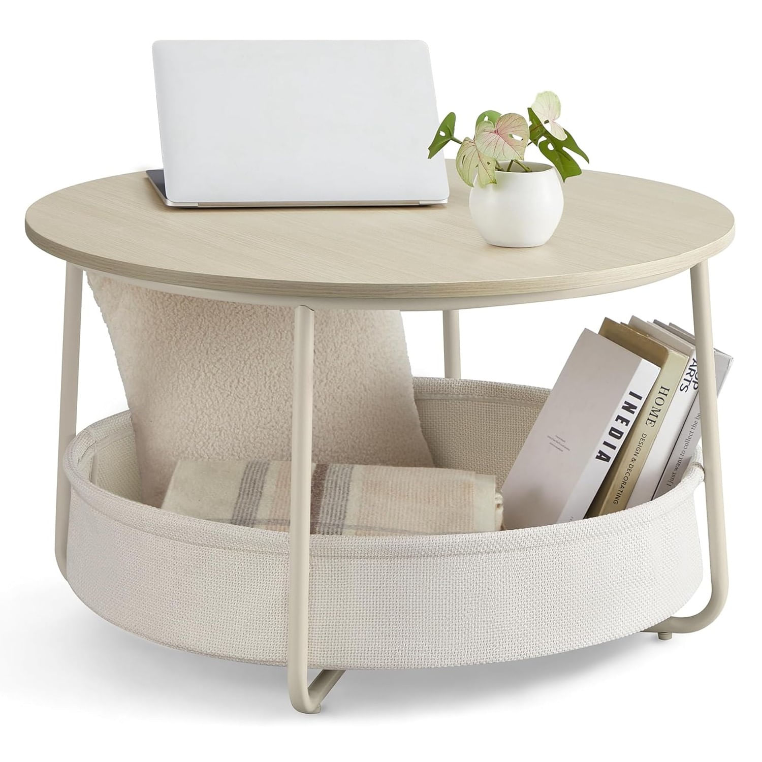 Masuta de cafea rotunda cu cos de stofa, stil modern, 45x75cm, bej cu crem — imaginea 2