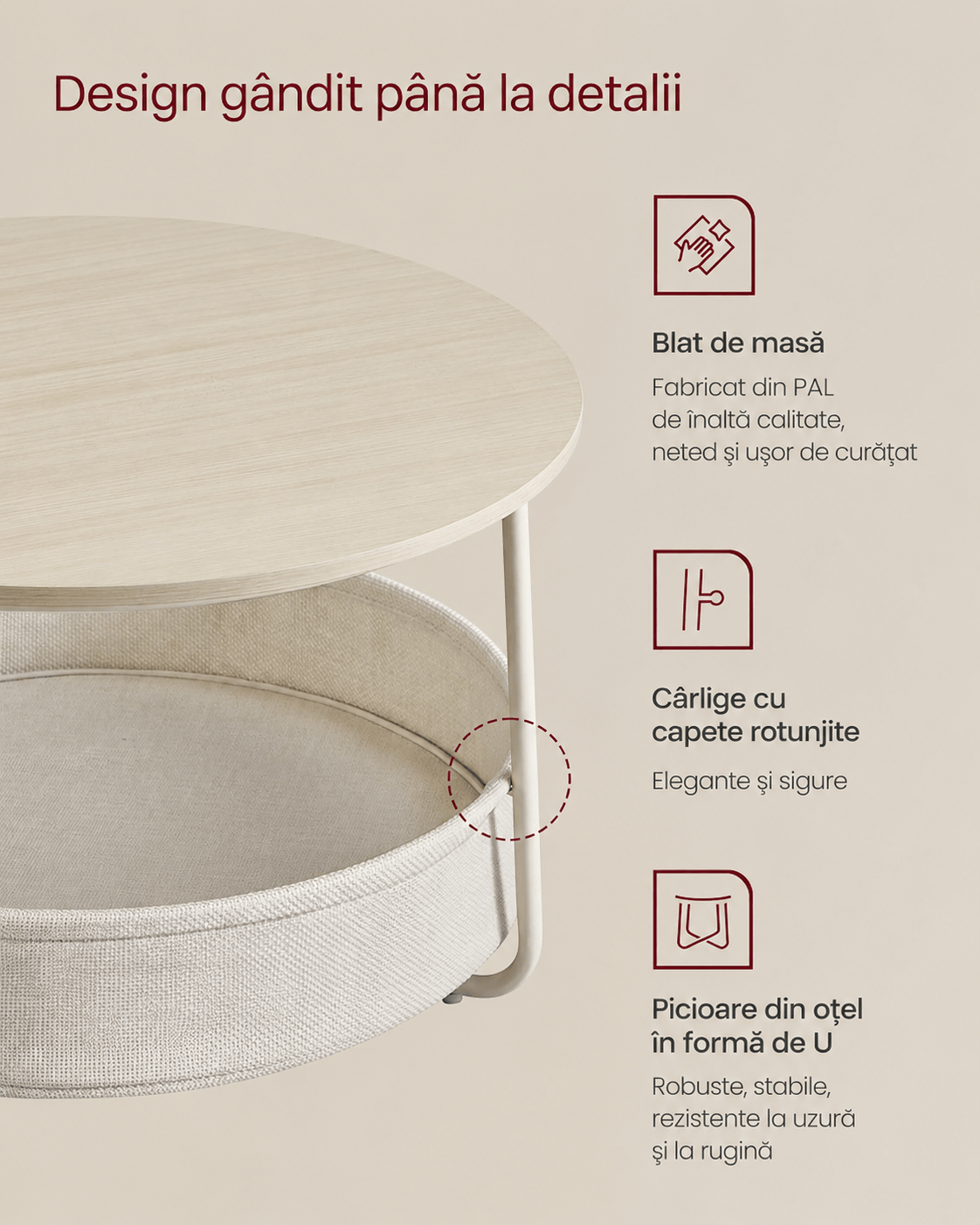 Masuta de cafea rotunda cu cos de stofa, stil modern, 45x75cm, bej cu crem — imaginea 3
