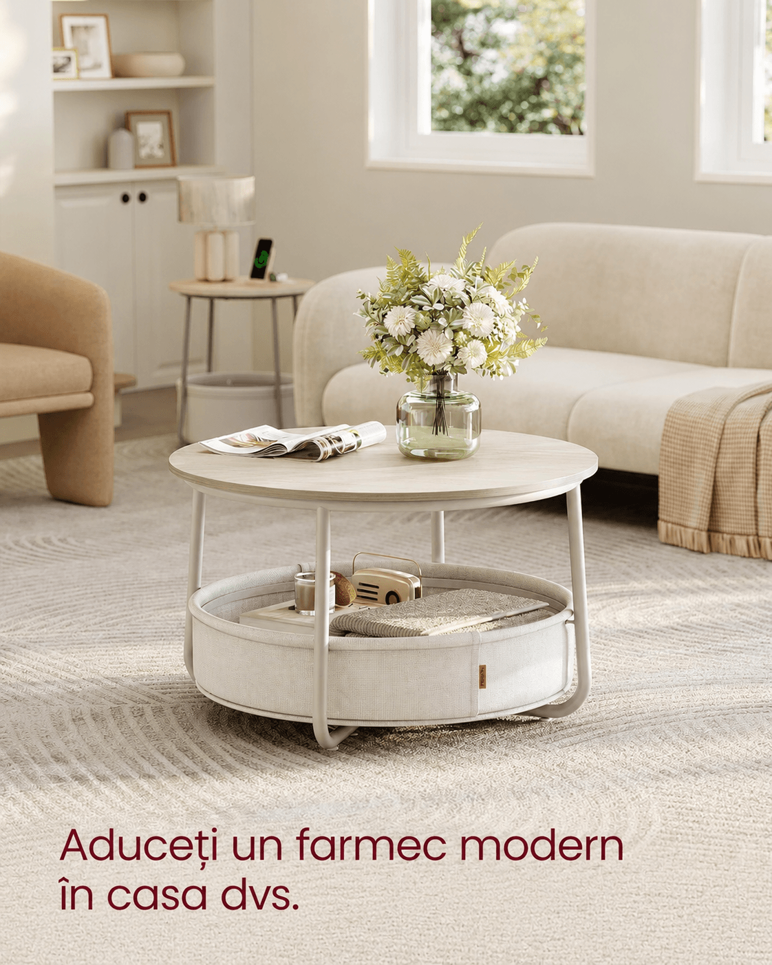 Masuta de cafea rotunda cu cos de stofa, stil modern, 45x75cm, bej cu crem — imaginea 4