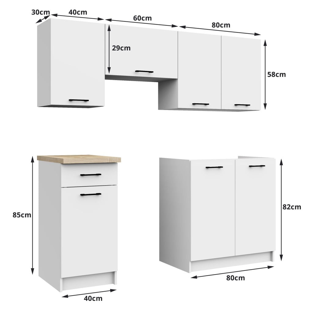 Set mobila bucatarie Olivia 180 cm, cu blat stejar sonoma, PAL laminat, 5 corpuri, 180x46x203 cm, alb si gri beton — imaginea 9
