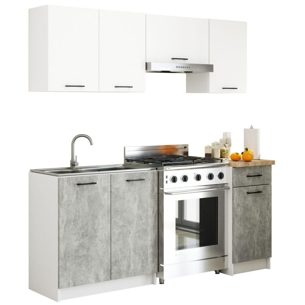 Set mobila bucatarie Olivia 180 cm, cu blat stejar sonoma, PAL laminat, 5 corpuri, 180x46x203 cm, alb si gri beton — imaginea 10