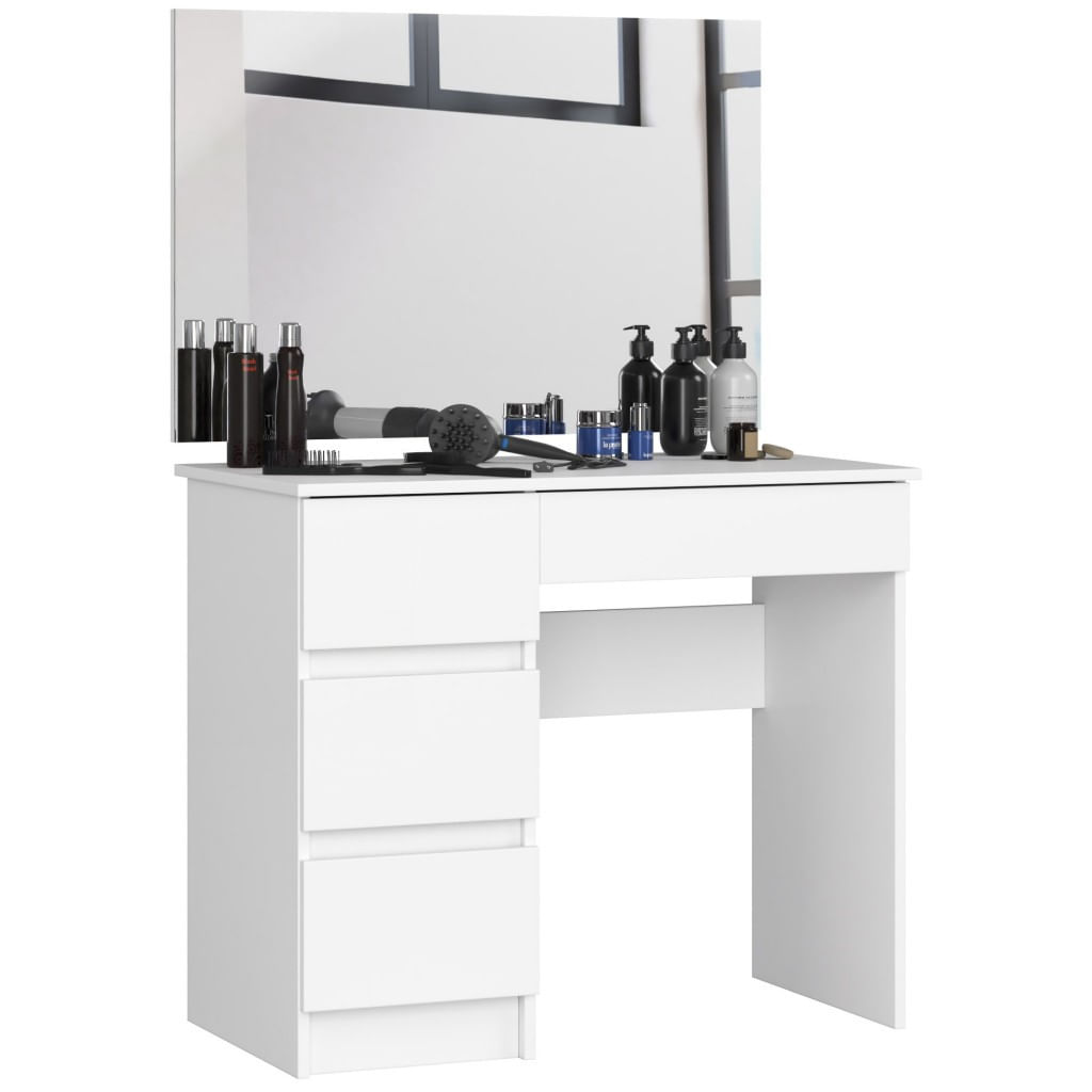 Masa de toaleta si machiaj Stanga, cu oglinda mare, 4 sertare, PAL laminat 16 mm, 90x50x142 cm, alb — imaginea 3