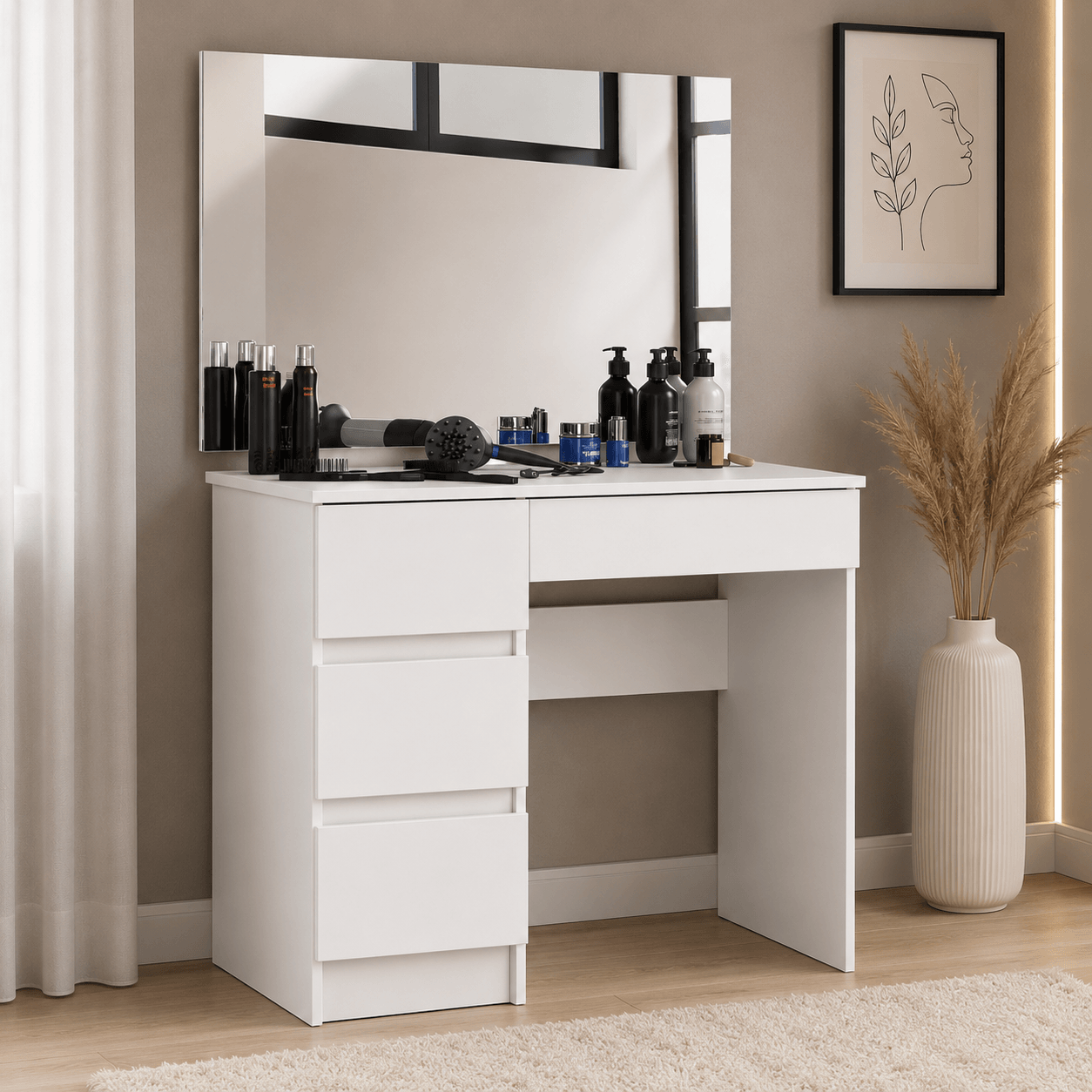 Masa de toaleta si machiaj Stanga, cu oglinda mare, 4 sertare, PAL laminat 16 mm, 90x50x142 cm, alb — imaginea 6