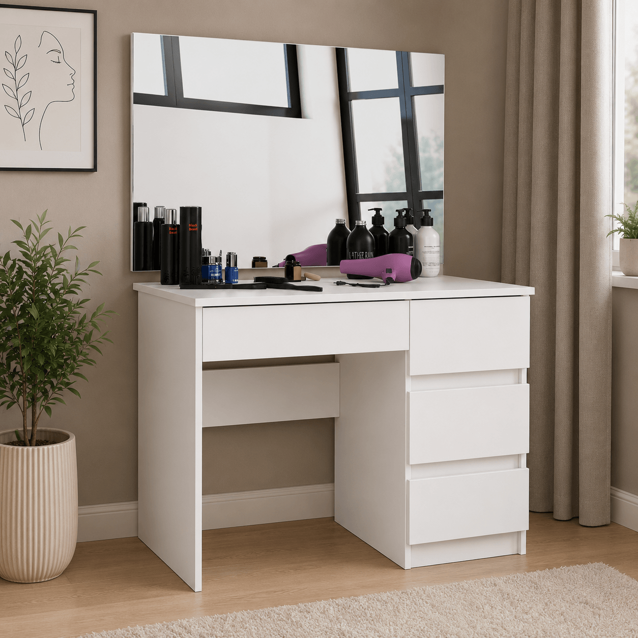 Masa de toaleta si machiaj Dreapta, cu oglinda mare, 4 sertare, PAL laminat 16 mm, 90x50x142 cm, alb — imaginea 8
