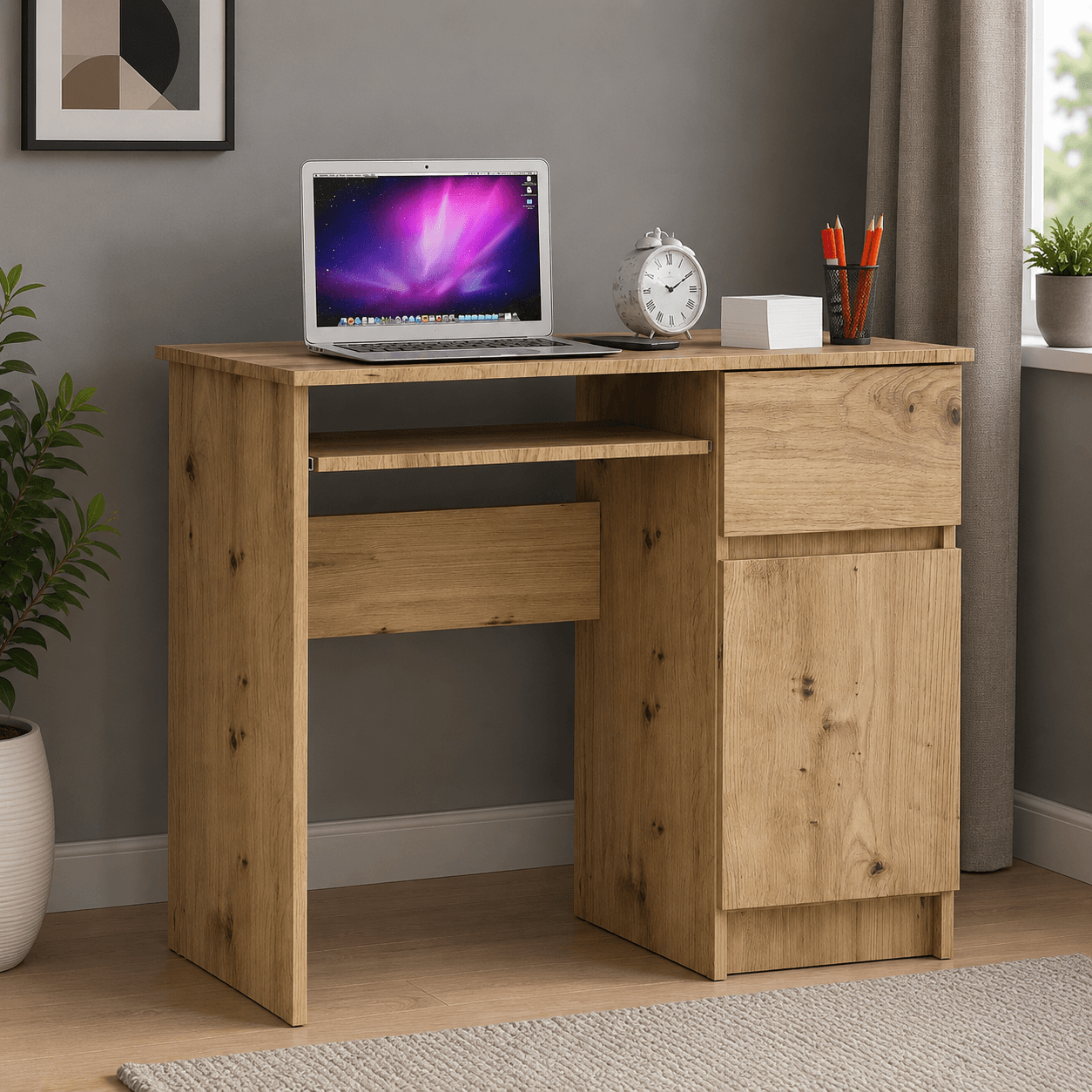 Birou computer PIKSEL, cu sertar, dulap si raft pentru tastatura, dreapta, 90x50x77 cm, stejar artisan — imaginea 5