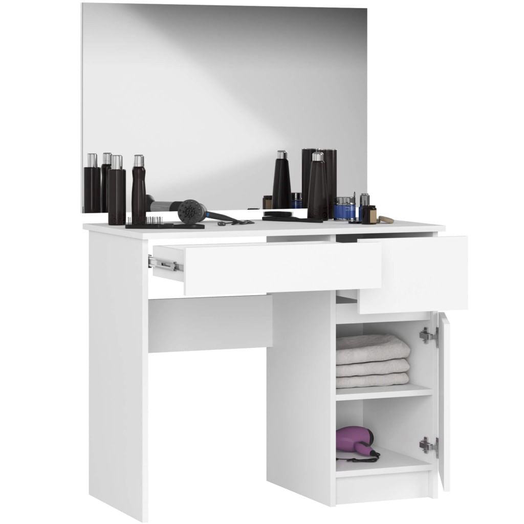 Masa de toaleta si machiaj cu oglinda mare, 2 sertare si dulap, PAL laminat 16 mm, 90x50x142 cm, alba — imaginea 2