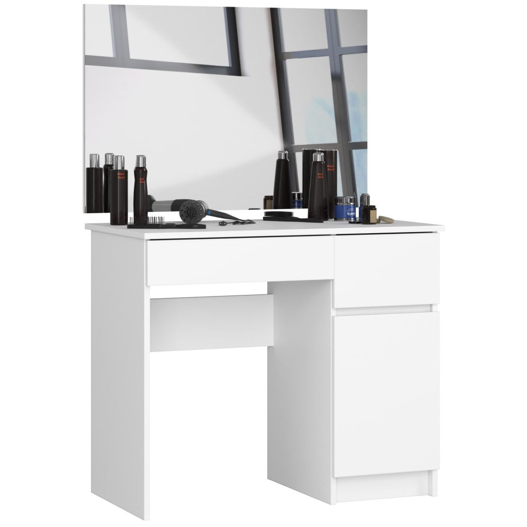 Masa de toaleta si machiaj cu oglinda mare, 2 sertare si dulap, PAL laminat 16 mm, 90x50x142 cm, alba — imaginea 4